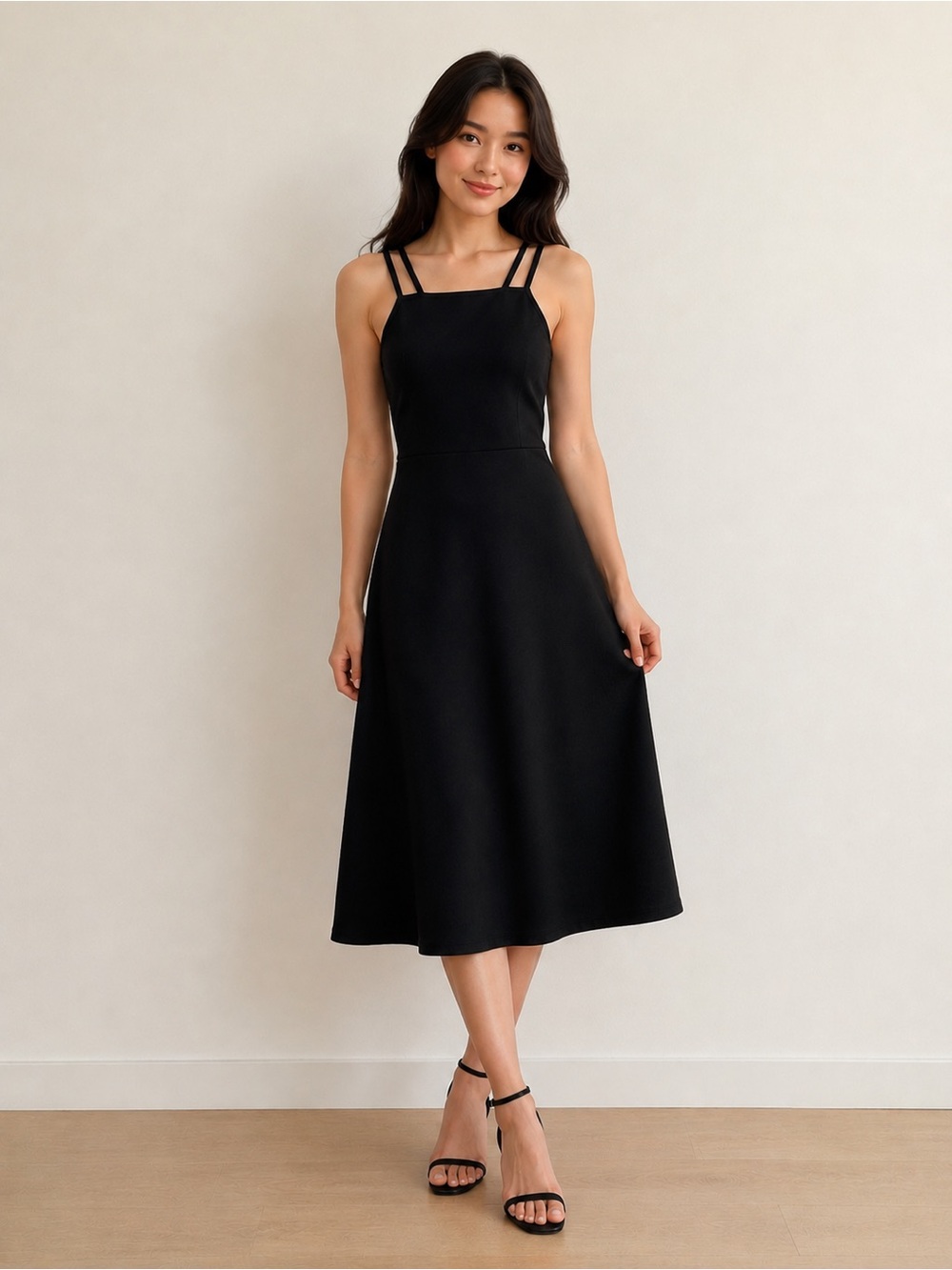 Elegant Double-Strap Black Midi Dress